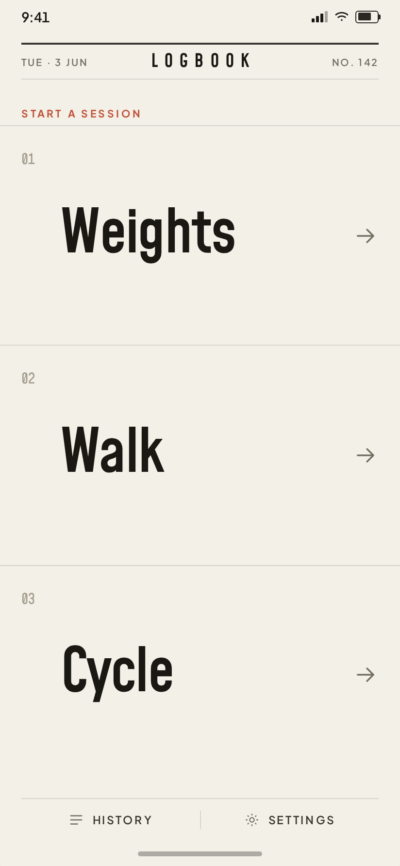 Start screen: pick weights, walk or cycle